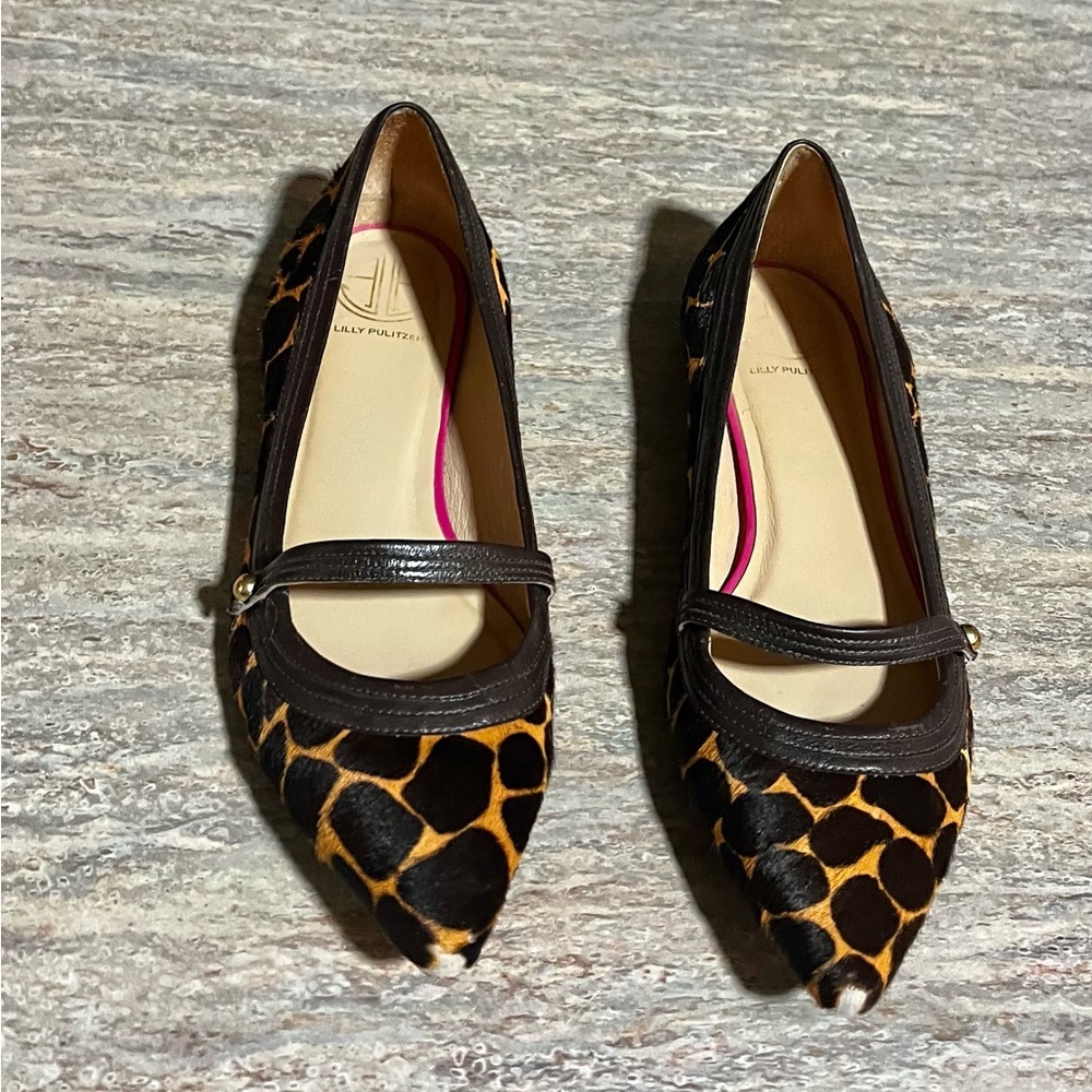 Lilly Pulitzer Leopard Print Calf Hair Leather Pointy Flat Shoes and strap